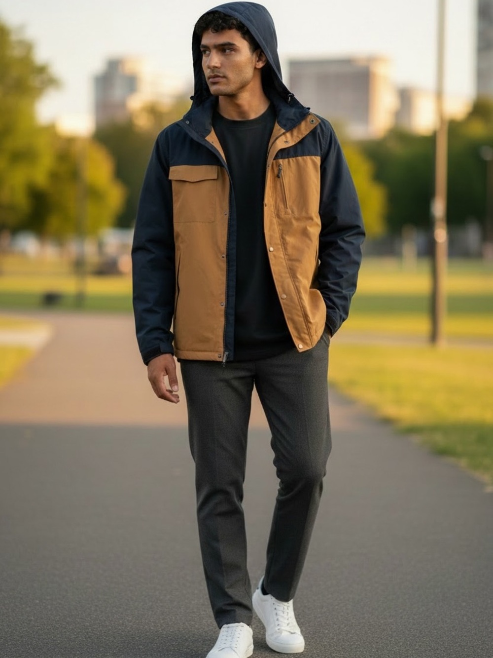Swiss Tech Navy and Camel Hooded Jacket with Cross Patch
